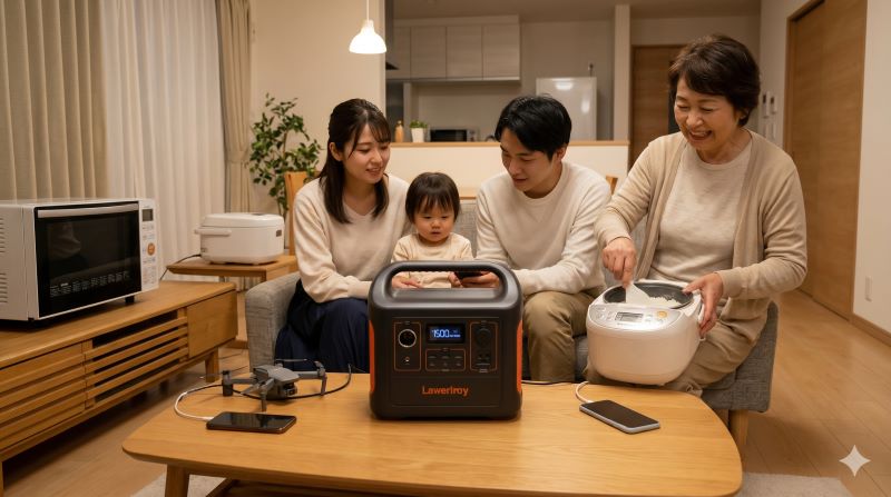 停電時の家庭で、日本人の家族がポータブル電源1500Wを使って、炊飯器やスマホを充電している様子。1500Wクラスのポータブル電源が活躍する具体的なシーン。