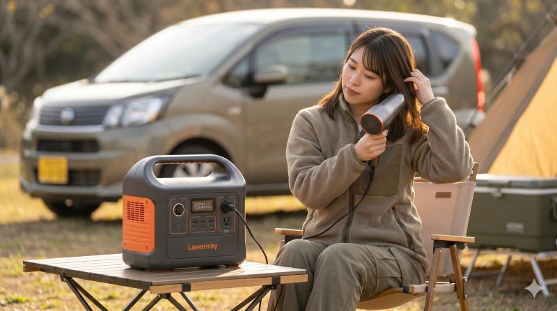 キャンプ場で、日本人の女性が高出力のドライヤーをポータブル電源1500Wに接続して使用している様子。1500Wで高出力家電が使える事例。