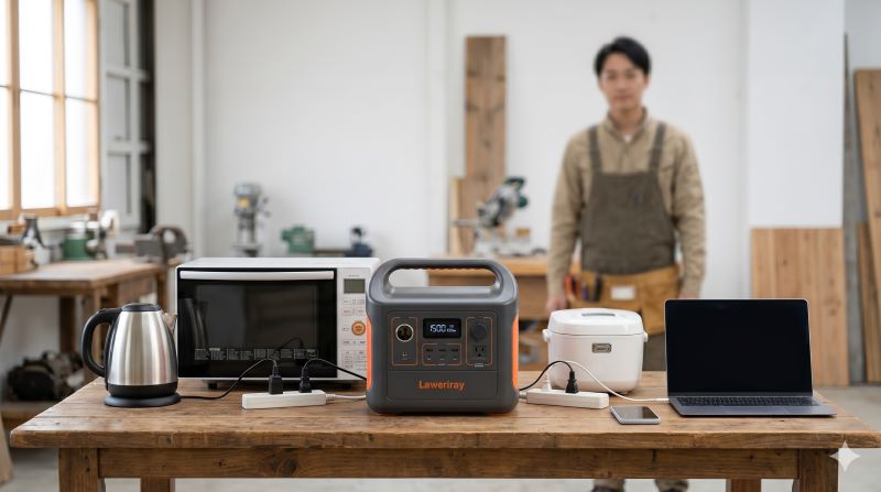 電気ケトル、電子レンジ、炊飯器、スマホ、ノートパソコンを、1台のポータブル電源1500Wに同時に接続して使用している様子。使える家電の組み合わせを視覚化。