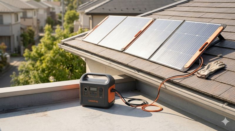 日本の家庭のベランダや屋根で、太陽光パネルを設置し、ポータブル電源1500Wを充電している様子。停電時の充電手段。