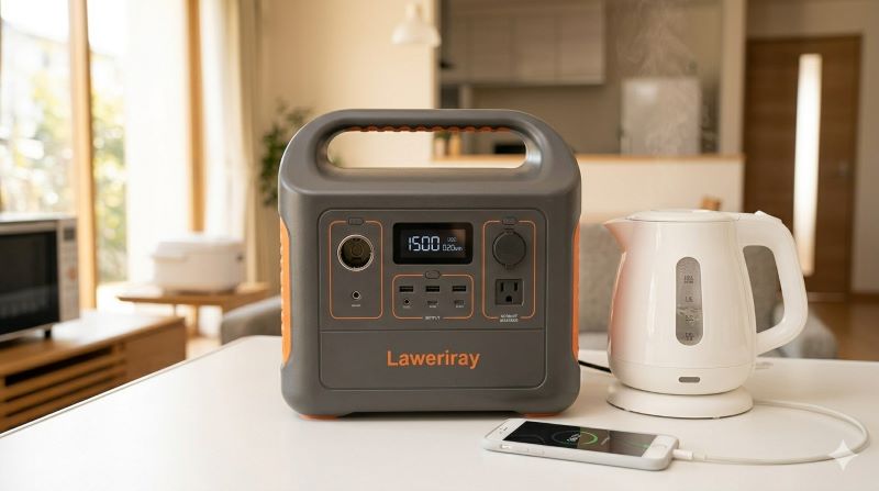 リビングルームに置かれた、家庭用コンセントのようなAC出力ポートを備えた、ポータブル電源の製品画像。