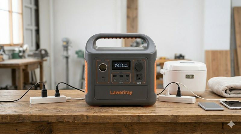 液晶画面に「Wh」と「W」の数値が表示されたポータブル電源と、消費電力が異なる複数の家電製品が並んでいるイメージ画像。