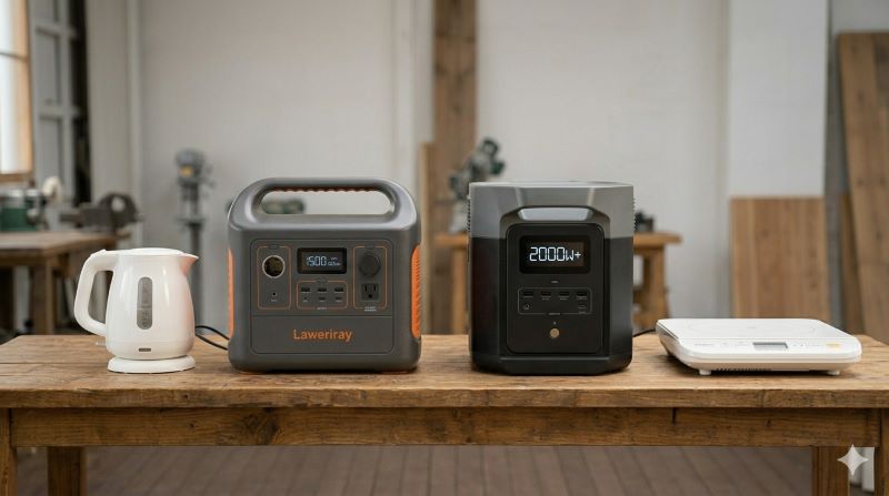 サイズが異なる2台のポータブル電源が並んでおり、それぞれの液晶画面に「1500W」と「2000W」と表示されている比較イメージ画像。