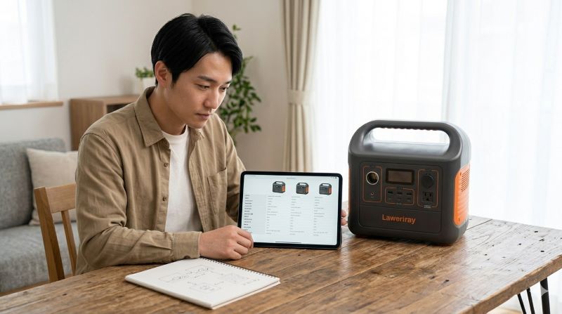 タブレットPCやノートPCを使いながら、異なるポータブル電源の仕様表を比較検討している、日本人の男性の様子。