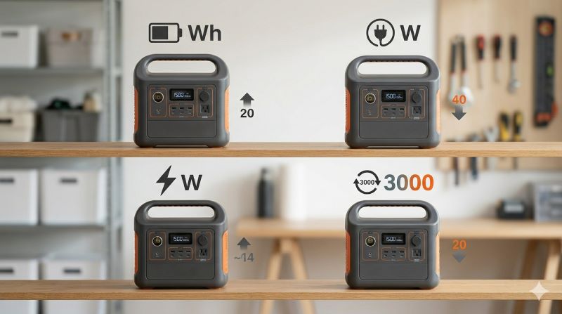 「容量(Wh)」「定格出力(W)」「重量(kg)」「電池寿命」といった、異なるスペック項目が視覚的に並んだ、ポータブル電源の比較チャートイメージ。