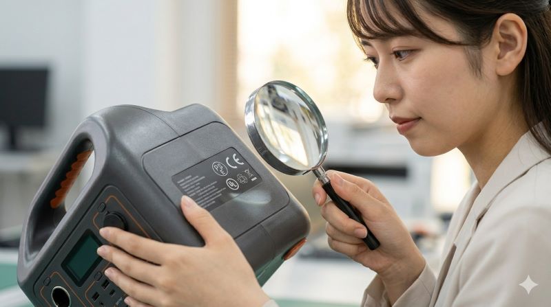 製品ラベルを注意深く確認している、日本人の女性の手元のアップ。安全規格のマークを探している様子。