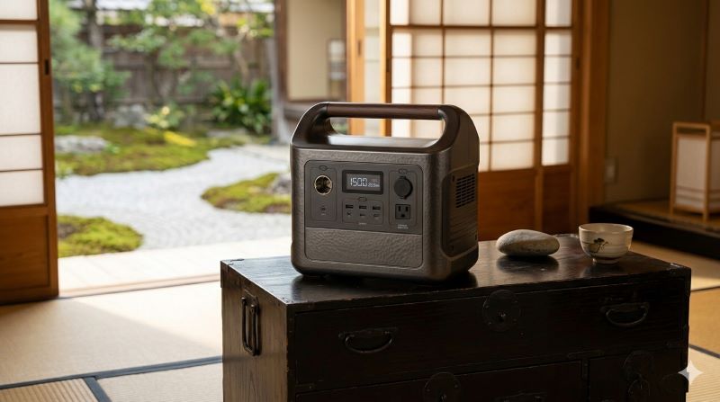 伝統的な日本家屋のリビングルームに置かれた、和のテイストを取り入れたデザインのポータブル電源。