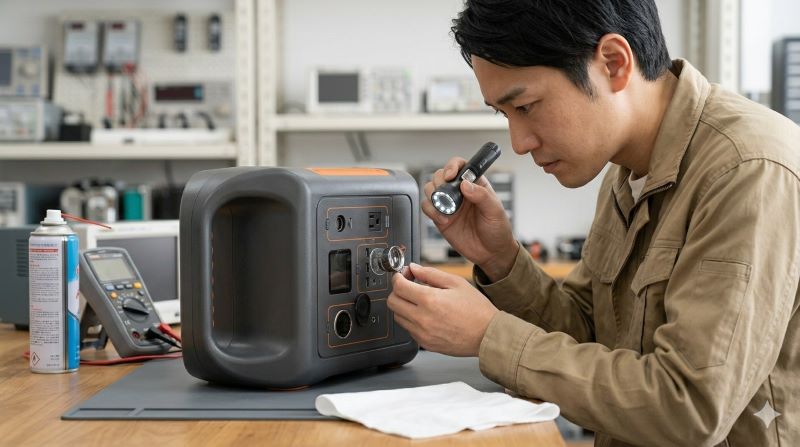 ポータブル電源の外観に傷や汚れがないか、端子部分が劣化していないかを確認している、日本人の男性の様子。