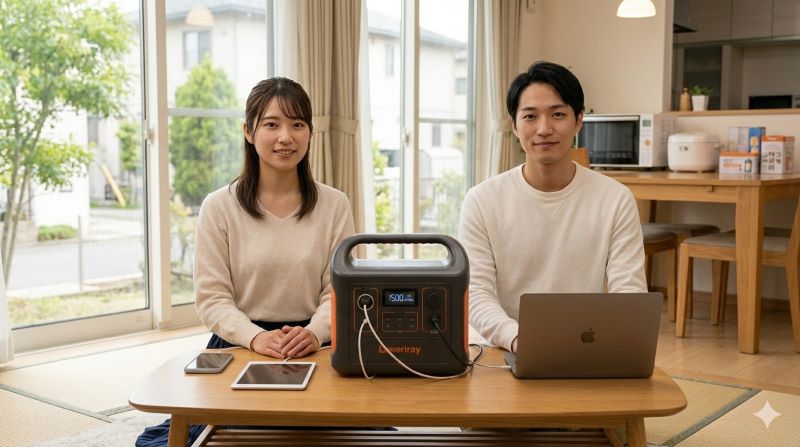 ポータブル電源1500Wを信頼の置ける防災用品として活用し、安心した表情を見せる日本人のカップル。準備万端の様子。