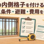 窓の内側格子、点検用チェックリスト、メジャー、見積書と避難経路の確認を表すイラスト