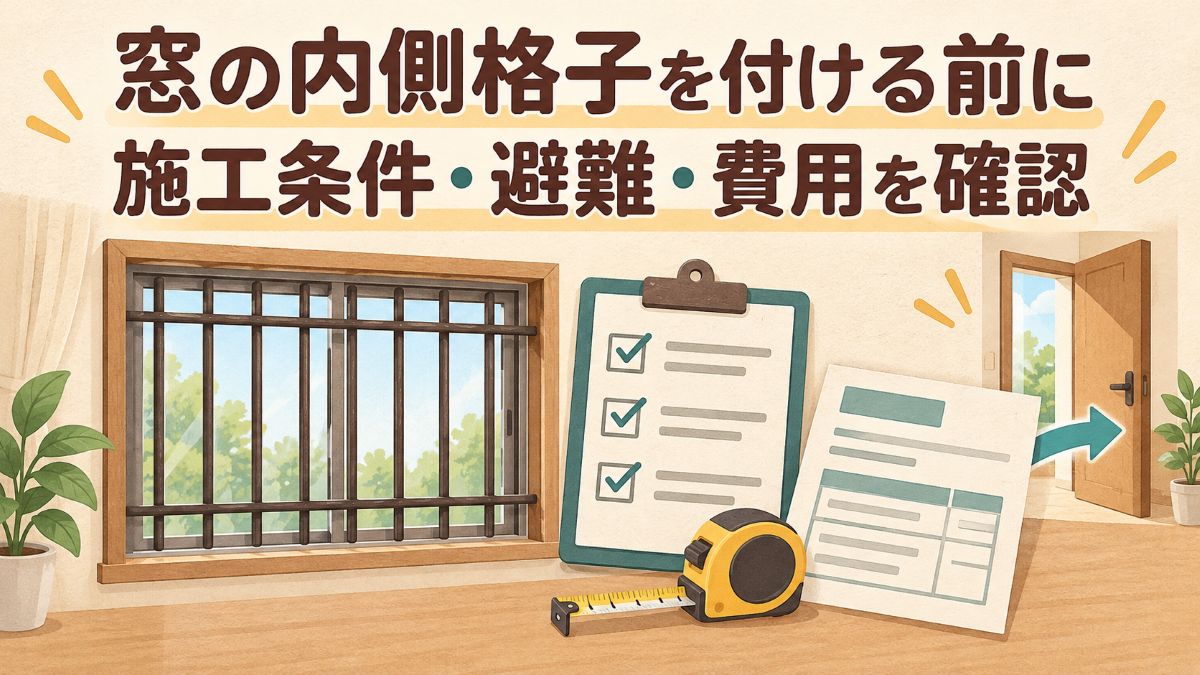 窓の内側格子、点検用チェックリスト、メジャー、見積書と避難経路の確認を表すイラスト