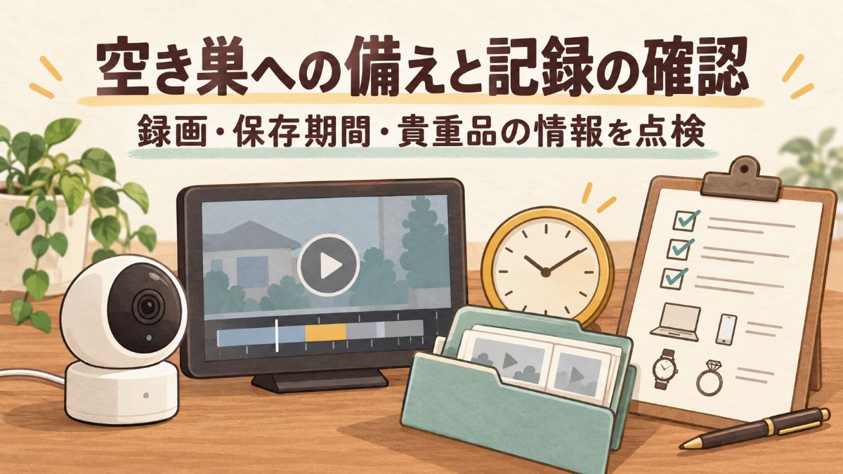 防犯カメラの録画画面、時計、保存フォルダー、貴重品の記録用チェックリストを描いたイラスト