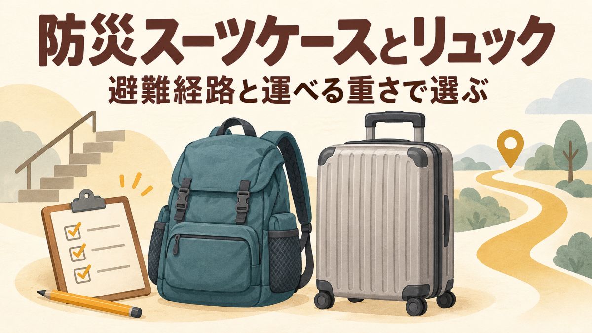 リュックとスーツケース、階段、避難経路、チェックリストを描いた防災バッグ選びのイラスト